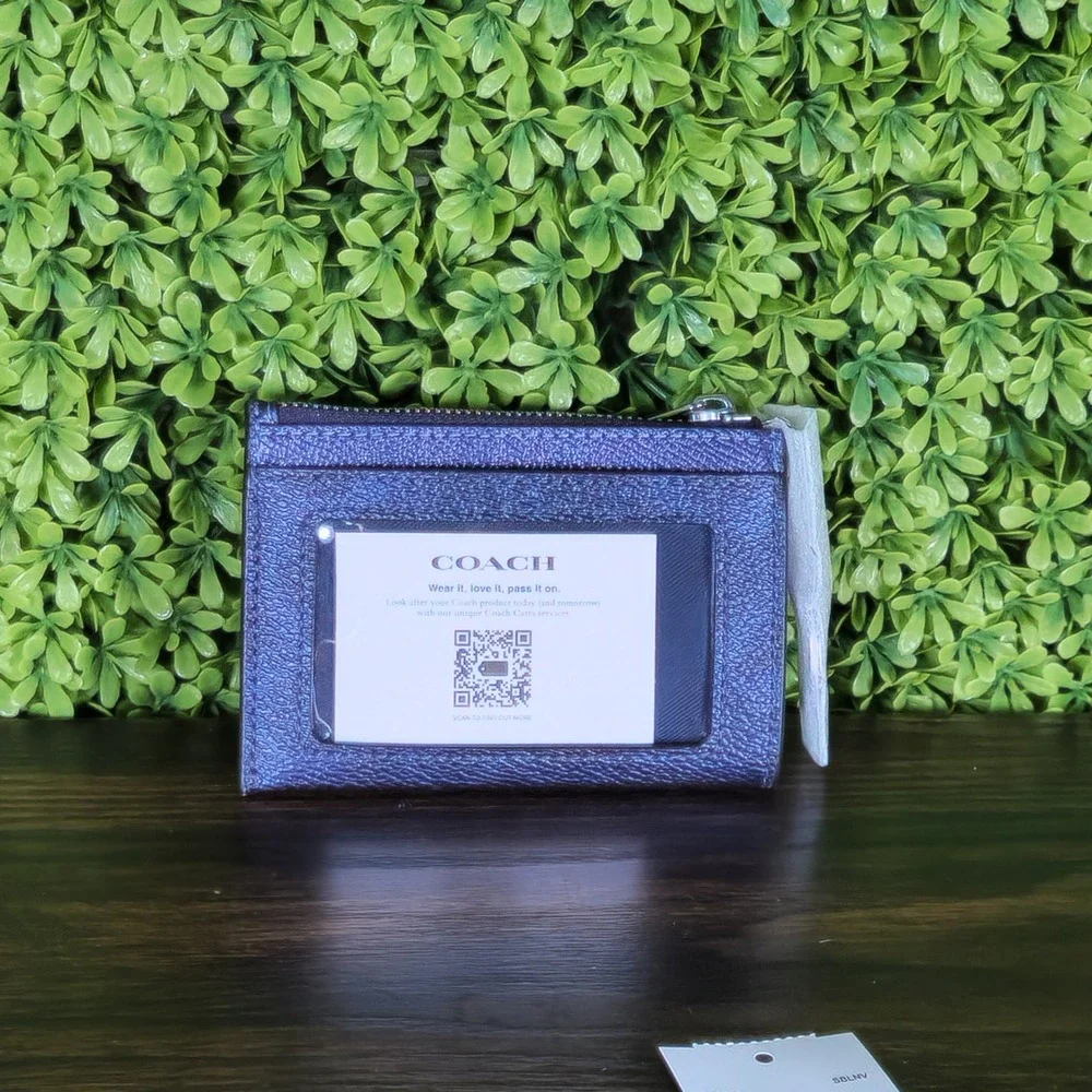 Coach CC550 Mini ID Case Card Holder Metallic Navy Blue Leather Zip Wallet NEW - Picture 5 of 7
